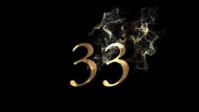 Golden number 33 from particles, numbering, thirty three, golden numbers, alpha channel, numerology, beautiful golden numbers with particles on a transparent background