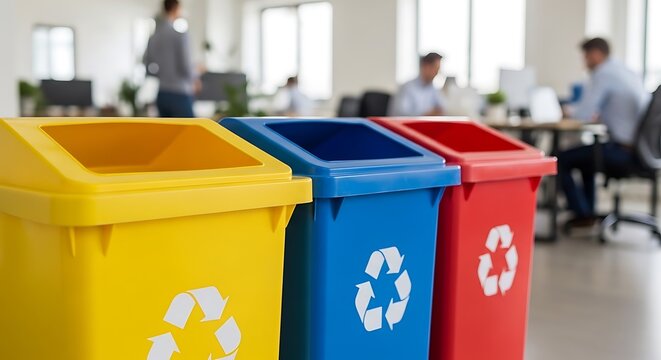 Colorful recycling bins in an office setting, with workers blurred in the background