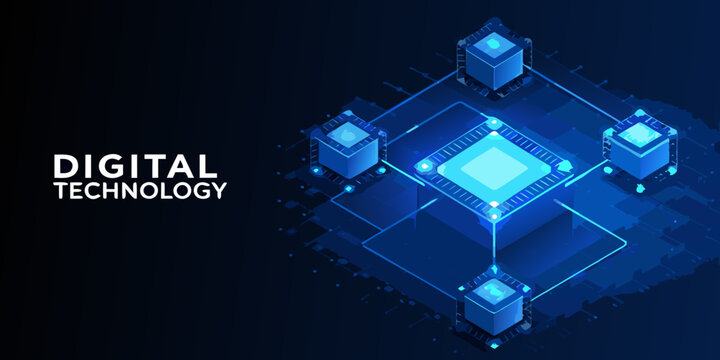 Isometric digital technology network with glowing blue circuit board design