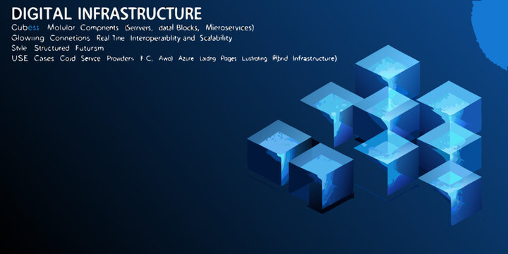 Abstract digital infrastructure concept featuring glowing blue cuboid components