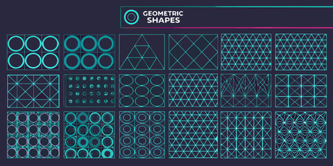 Collection of vibrant geometric shapes and patterns in a grid layout