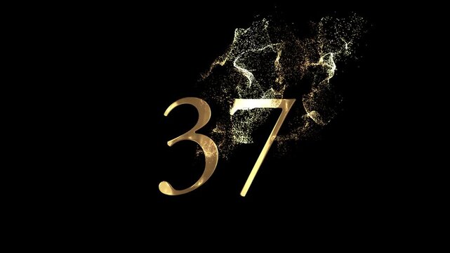 Golden number 37 from particles, numbering, thirty seven, golden numbers, alpha channel, numerology, beautiful golden numbers with particles on a transparent background