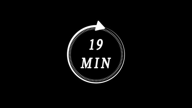 White color circle arrow refresh icon and 19 min timer icon animation. 19 min time circle icon. Animation timer icon with 19 min. Clock, stopwatch, cooking time label , arrow.4k video ..