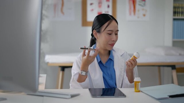Asian female doctor using a smartphone in a hospital,interacting with a virtual assistant or AI chatbot.doctor reviews health data via ai agent,smart mirror technology,future technology

