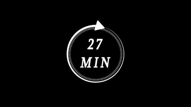 White color circle arrow refresh icon and 27 min timer icon animation. 27 min time circle icon. Animation timer icon with 27 min. Clock, stopwatch, cooking time label , arrow.4k video ..