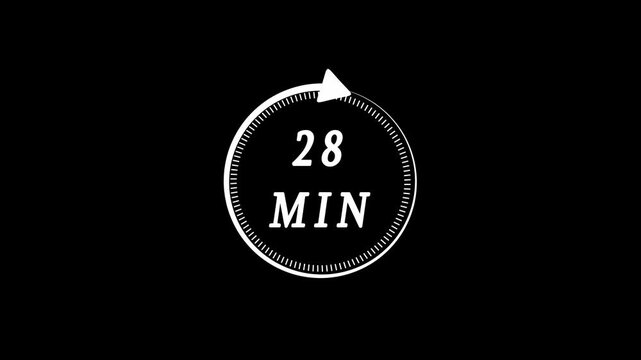 White color circle arrow refresh icon and 28 min timer icon animation. 28 min time circle icon. Animation timer icon with 28 min. Clock, stopwatch, cooking time label , arrow.4k video ..