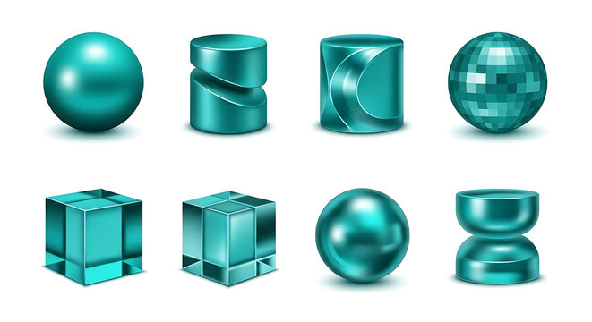 A collection of 3d teal metallic shapes