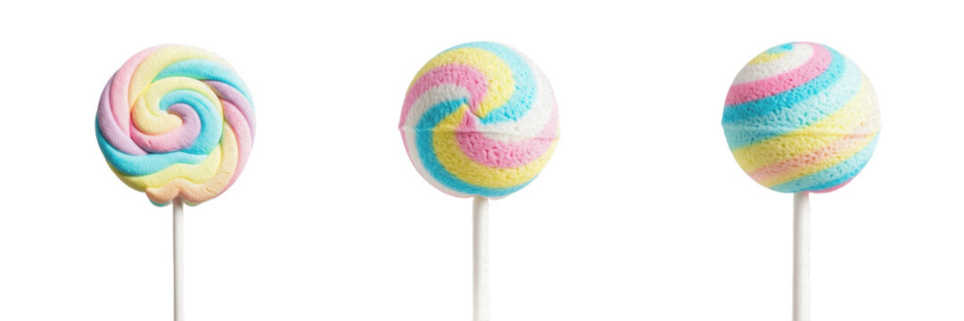Set of colorful swirl lollipops round candy collection transparent background png