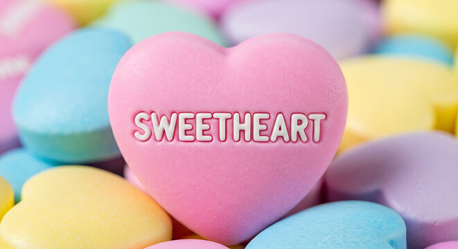 Sweetheart Candy Heart with Words "Sweetheart" Surrounded by Pastel Colored Conversation Hearts