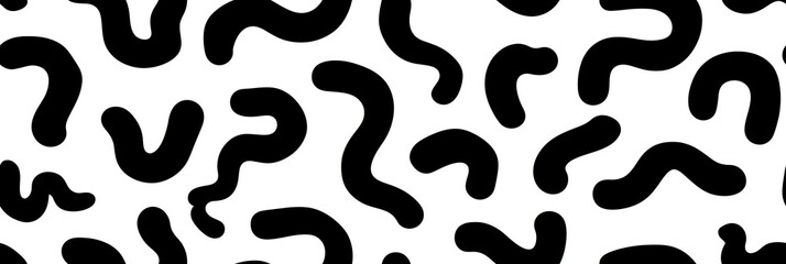 Black squiggly lines forming a seamless organic memphis pattern. Abstract pattern featuring thick black squiggly organic lines on a white background