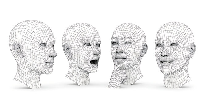 Four wireframe heads with different expressions