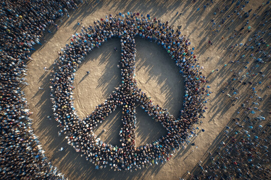  Aerial view of diverse crowd forming peace sign for Human Rights Day.
