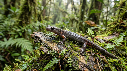 Obraz premium Full body view of an extinct Jalpa False Brook Salamander Pseudoeurycea exspectata on mossy forest floor