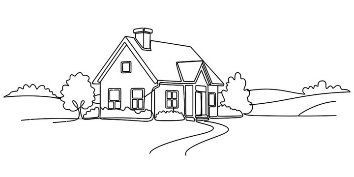 Continuous One Line Drawing of House with Garden and Trees