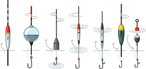 Fishing Float and Bobber Set with Hooks and Water Ripples Vector Illustration Collection for Angling Equipment, Fishing Gear Icons and Outdoor Sport Designs © Saidi