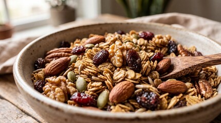 Obraz premium Healthy homemade granola with nuts and dried fruits in ceramic bowl on wooden table