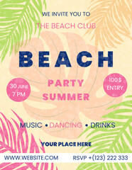 A poster for a summer party with tropical leaves. An invitation to a tropical beach party.Vector illustration