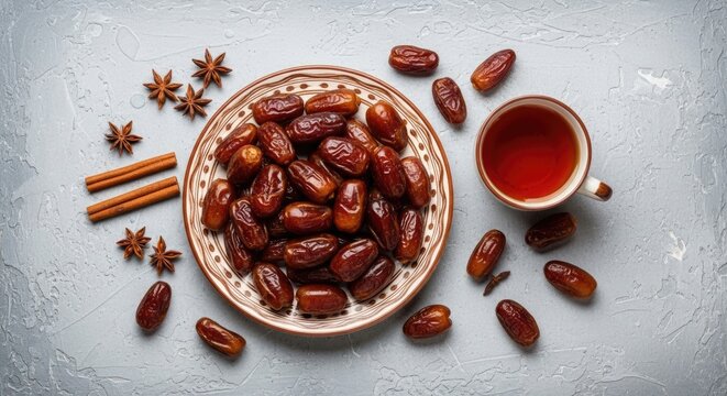 A plate of dates and a cup of tea on a gray surface