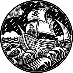 Pirate ship sailing through stormy sea vector illustration © designstick360