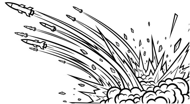 Explosion with Missiles and Debris in Black and White.