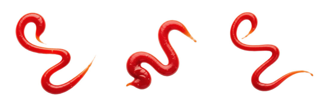 Set of red tomato ketchup splashes and sauce swirls transparent background png