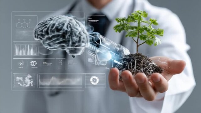 Man holding a small tree with a glowing brain superimposed over it