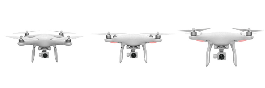 Set of professional white camera drone quadcopter collection transparent background png