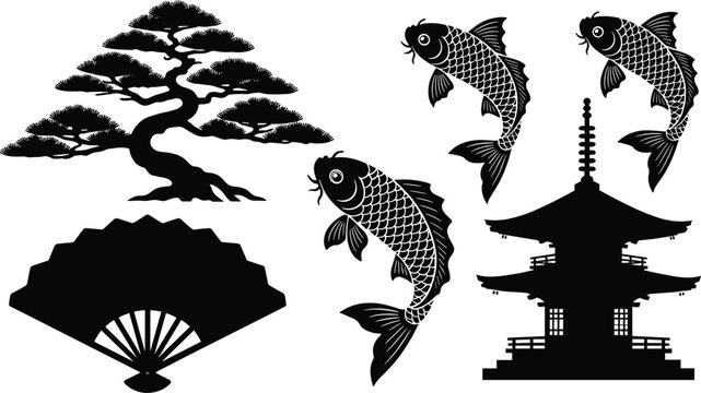 Vector silhouette collection featuring Japanese bonsai tree, swimming koi fish, traditional folding fan, and oriental pagoda temple isolated on a clean white background (24 words)