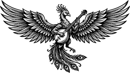 Fototapeta premium Engraved phoenix playing shamisen, mythical bird musician, artis 
