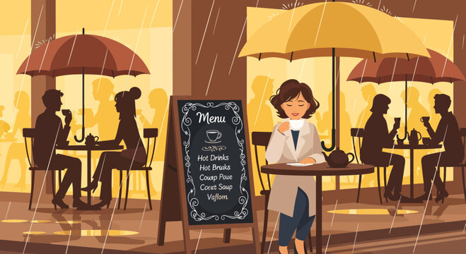 Woman holding coffee cup at outdoor cafe in rain.