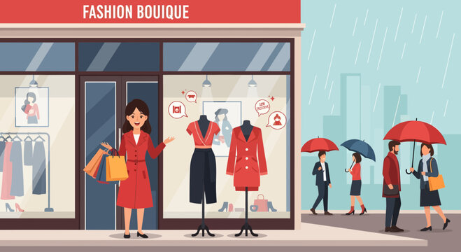 Woman in Red Coat Shopping at Fashion Boutique.