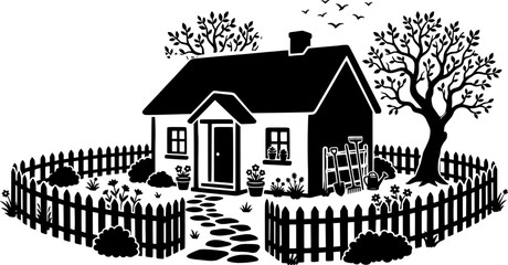 Naklejka premium Serene Backyard Oasis: Minimalist Sumi-e Garden with Traditional 