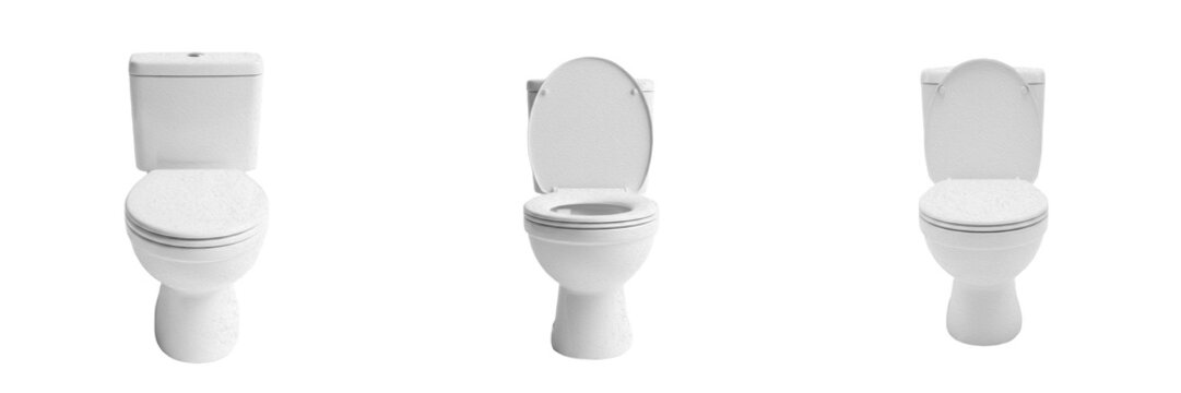Set of white ceramic toilet bowl commode collection transparent background png