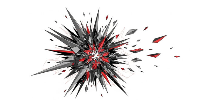 Abstract Explosion of Sharp Fragments with Red Accents on White.