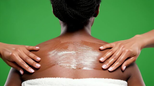 Back Skin Exfoliation Treatment With Scrub Applied On Dark Skin Tone Being Massaged By Hands Over Green Screen Background Smooth Healthy Skin Care Concept