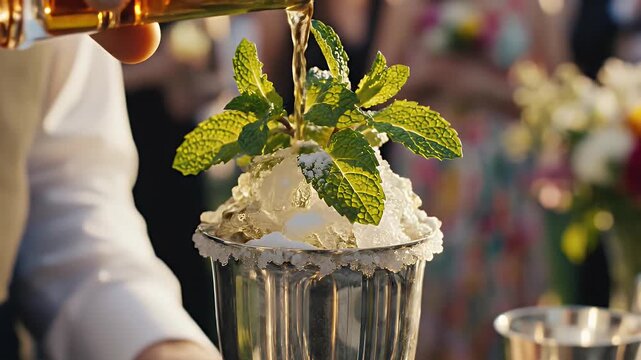 Bartender Preparing A Classic Mint Julep Cocktail With Crushed Ice Garnished With Mint Leaves At An Outdoor Event Or Derby Party