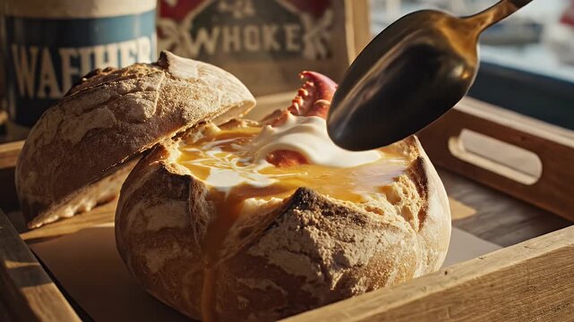 Classic Lobster Bisque Served in a Hearty Bread Bowl with Creamy Topping and Seafood Garnish in a Sunny Waterfront Restaurant Setting