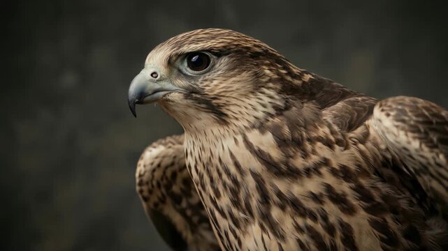 Cinematic close up of a majestic falcon perched on a wooden branch while turning its head and looking around with sharp eyes against a dark moody textured background in 4k.
