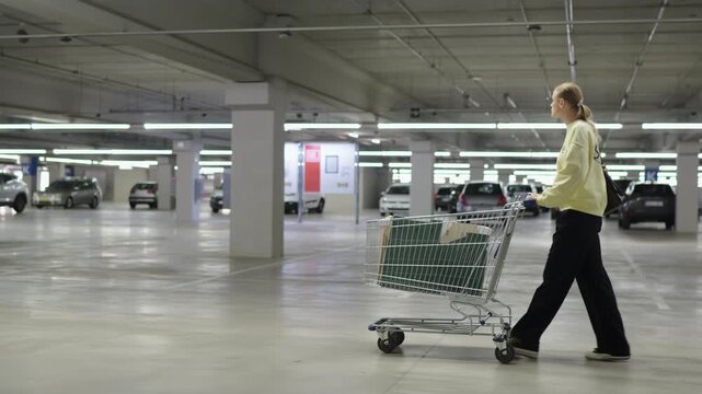 A young woman pushes a shopping cart with purchases through a large, brightly lit underground parking garage after visiting a big box store. She walks alone, looking for her car