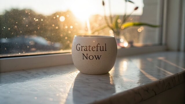 Cozy ceramic pot with the phrase "Grateful Now" placed on a sunlit windowsill with a warm and inviting ambiance