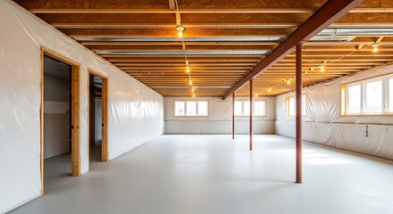 Empty basement interior with open doors, windows, and exposed wooden beams overhead