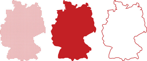 Red Germany Map Icons Dotted Solid Outline and Silhouette on White germany outline german map