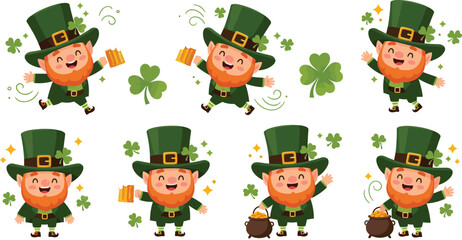 Obraz premium Cute Leprechaun Cartoon Character Vector Illustration Set with Shamrock Clover, Beer Mug, Pot of Gold and Saint Patrick Day Theme