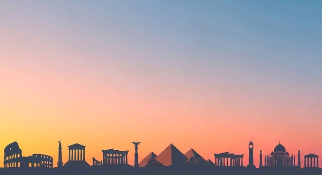 World Landmarks Silhouette Skyline on Sunset Gradient Background