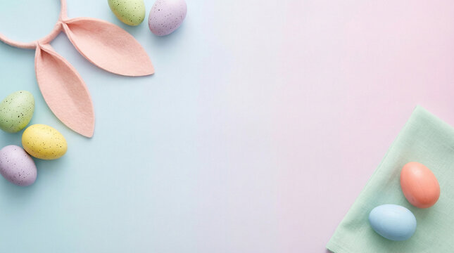 Minimal Easter Flat Lay with Bunny Ears and Eggs Background