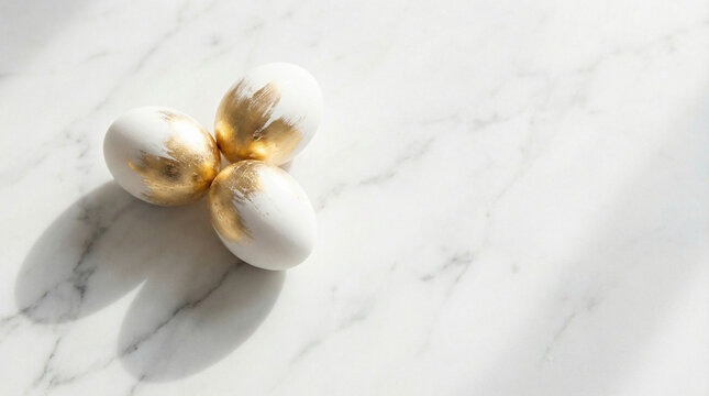 Elegant White Easter Eggs on Marble Background with Copy Space