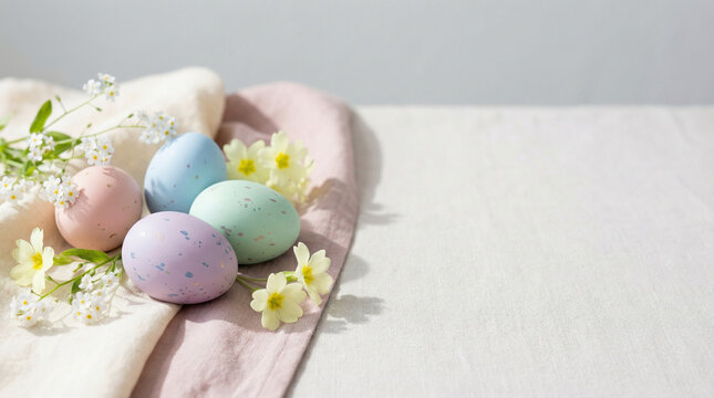 Pastel Easter Eggs Minimal Background with Spring Flowers and Copy Space
