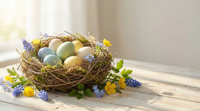 Easter Nest with Colored Eggs and Spring Flowers Background