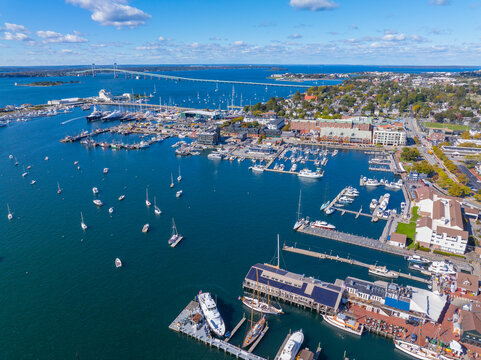 Newport Harbor aerial view with Claiborne Pell Newport Bridge at the background in Narragansett Bay, city of Newport, Rhode Island RI, USA. 