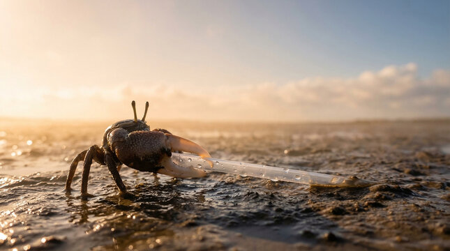 Fiddler Crab Uca pugnax with Large Claw Standing on Muddy Beach Shore at Sunset with Golden Hour Light and Bokeh Background